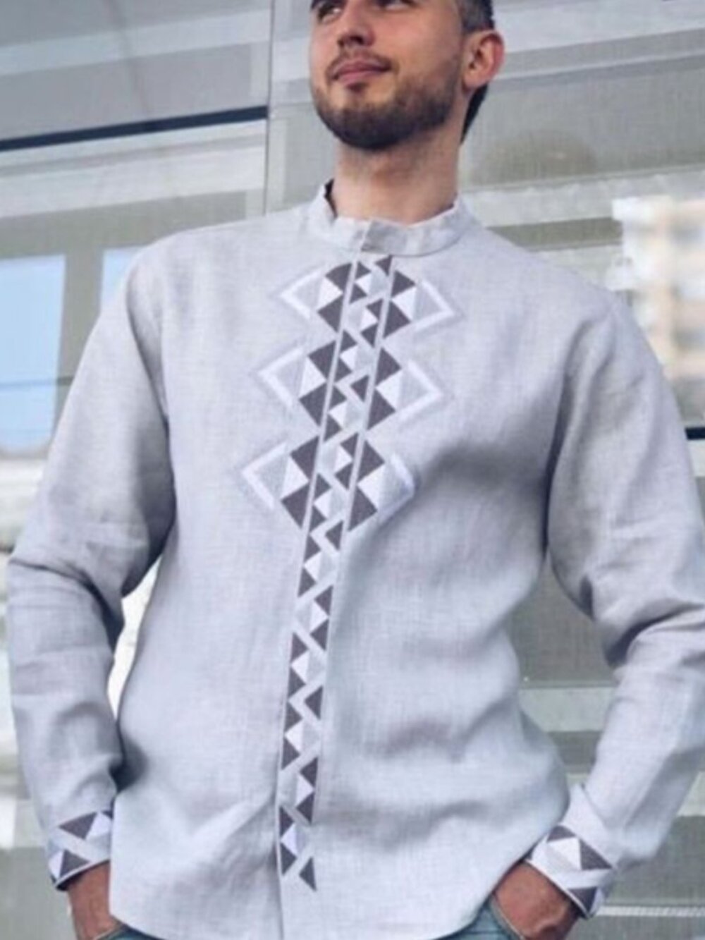 Folksy Pale Blue Linen Snap Button Mens Shirt